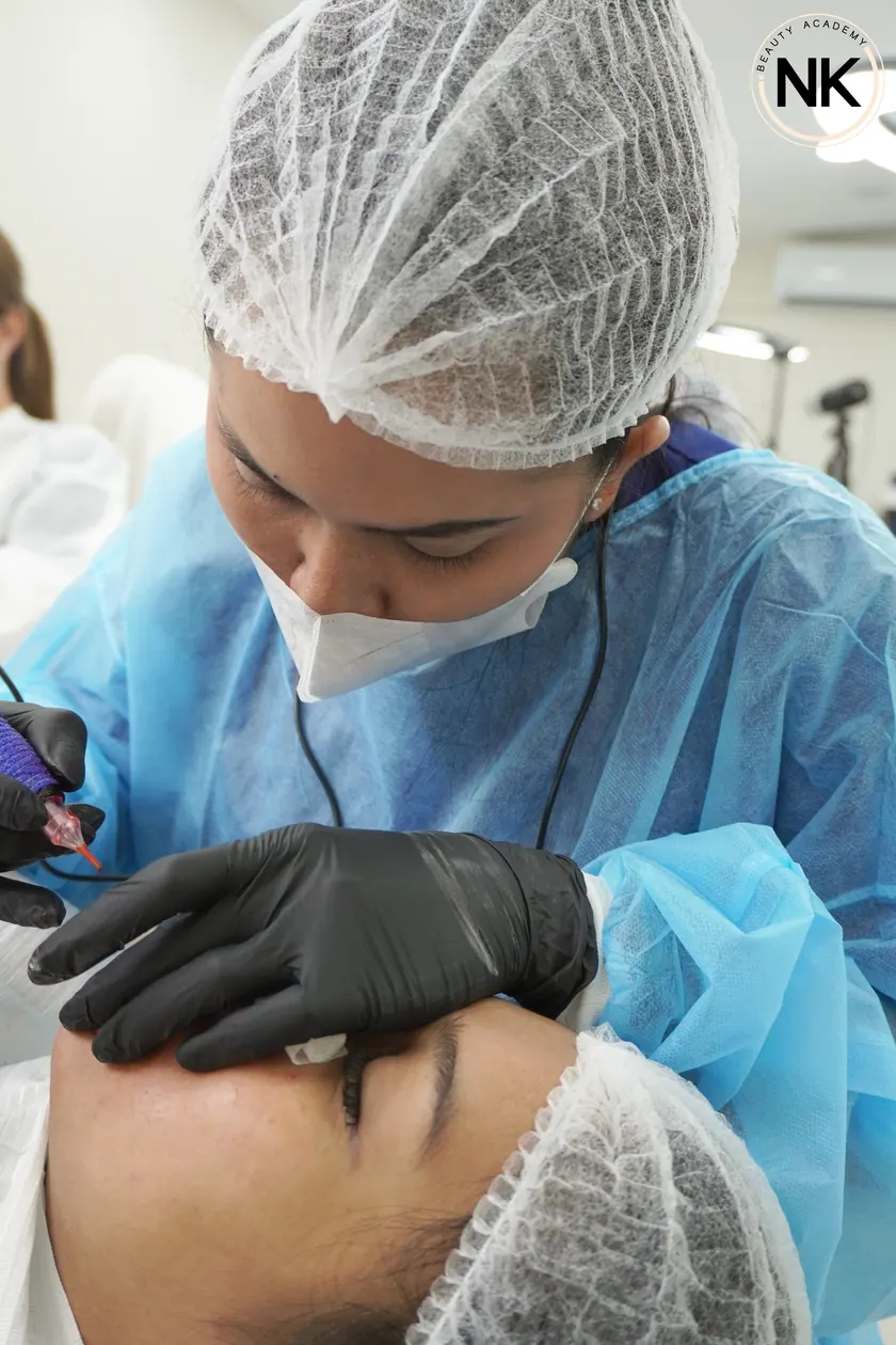 An instructor supervising a student working on a live model