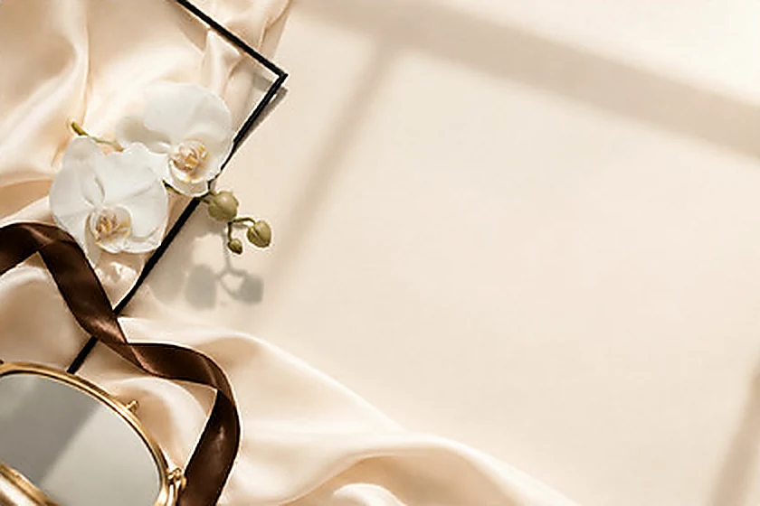 Brand image: orchids and a hand mirror on cream silk