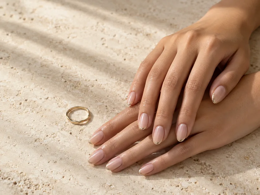 Manicured hands resting on fabric