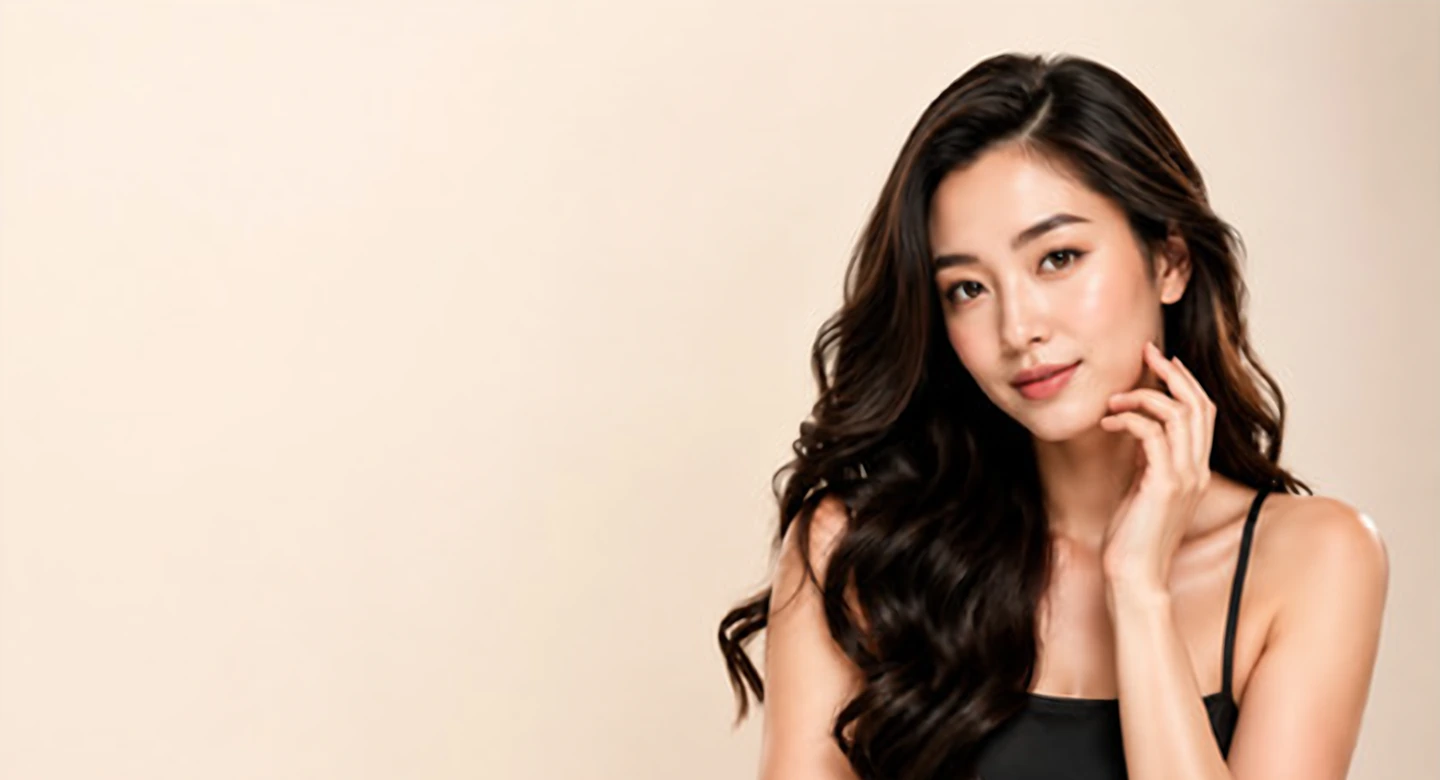 Brand image: a woman with softly defined brows in warm cream studio light