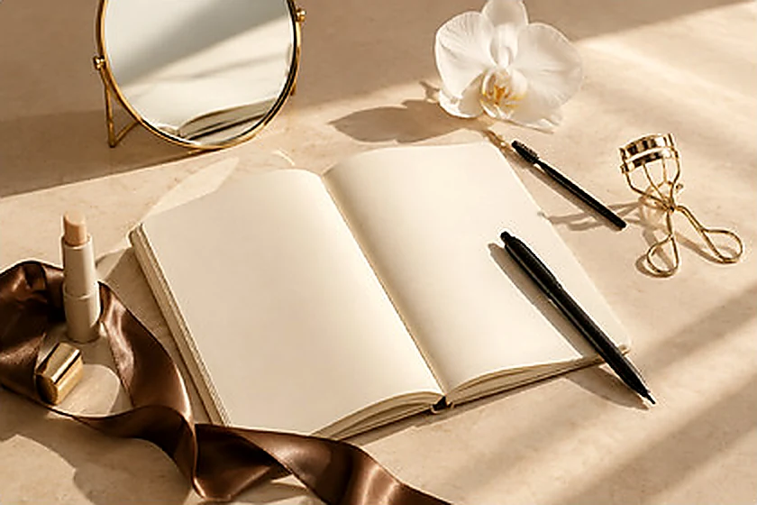 Brand image: an open notebook, mirror and lash curler on cream silk