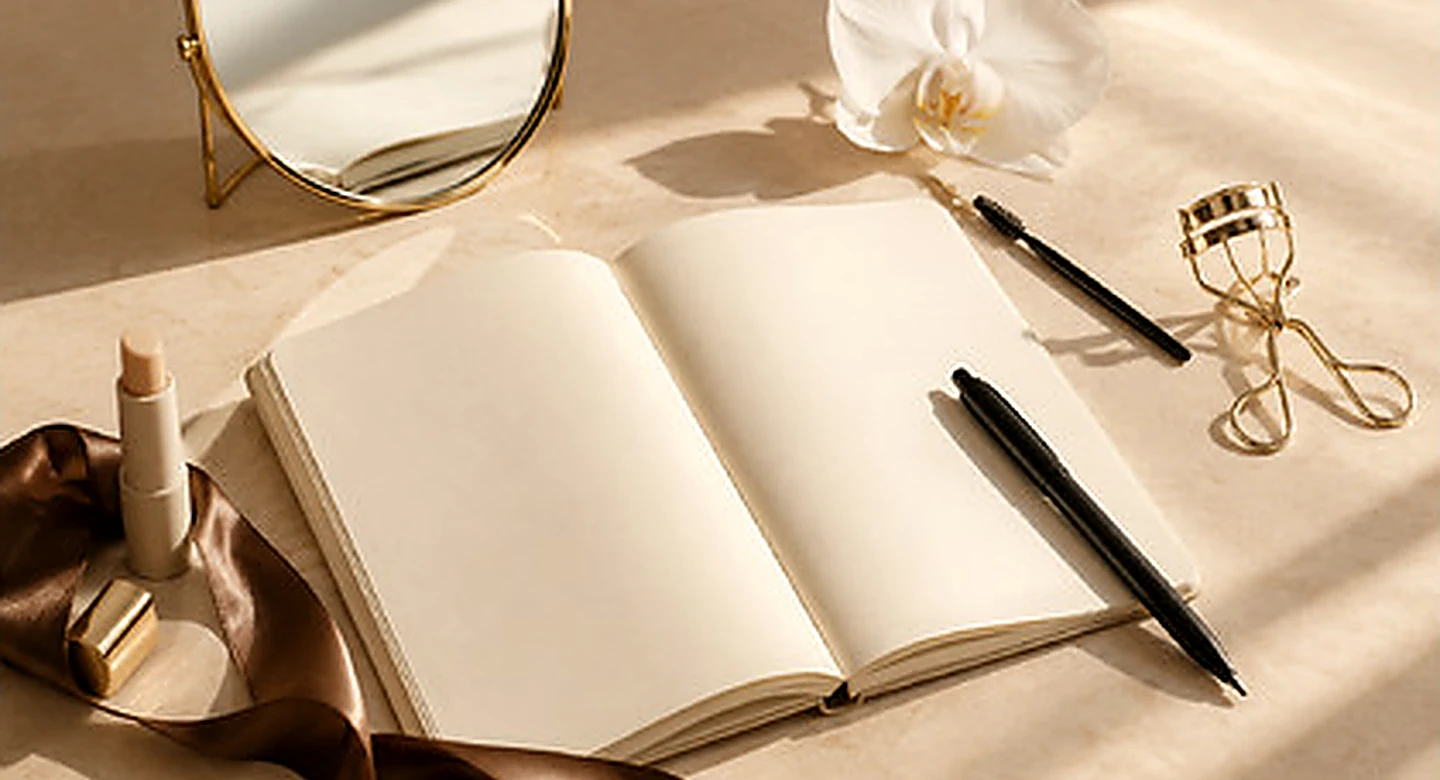 Brand image: an open notebook, mirror and lash curler on cream silk