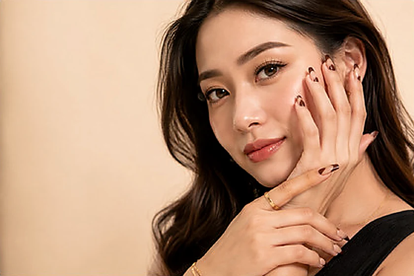 Brand image: a woman resting a manicured hand against her cheek