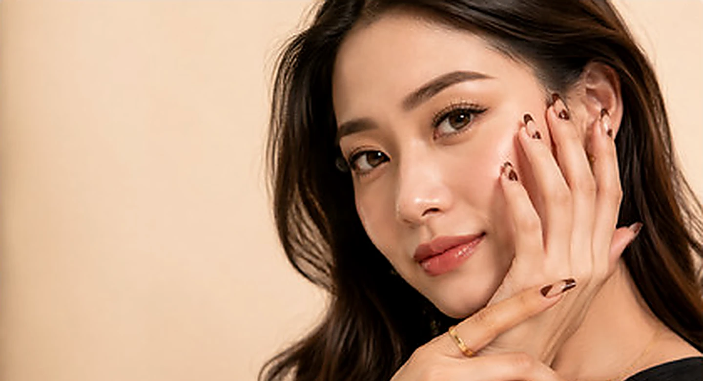 Brand image: a woman resting a manicured hand against her cheek