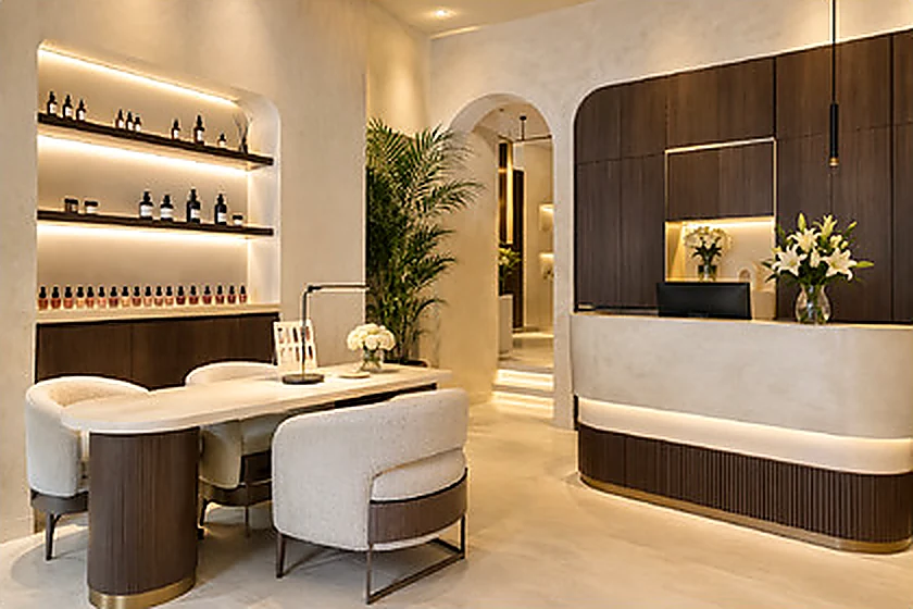 Concept image of a cream and walnut salon interior — not a photograph of a branch