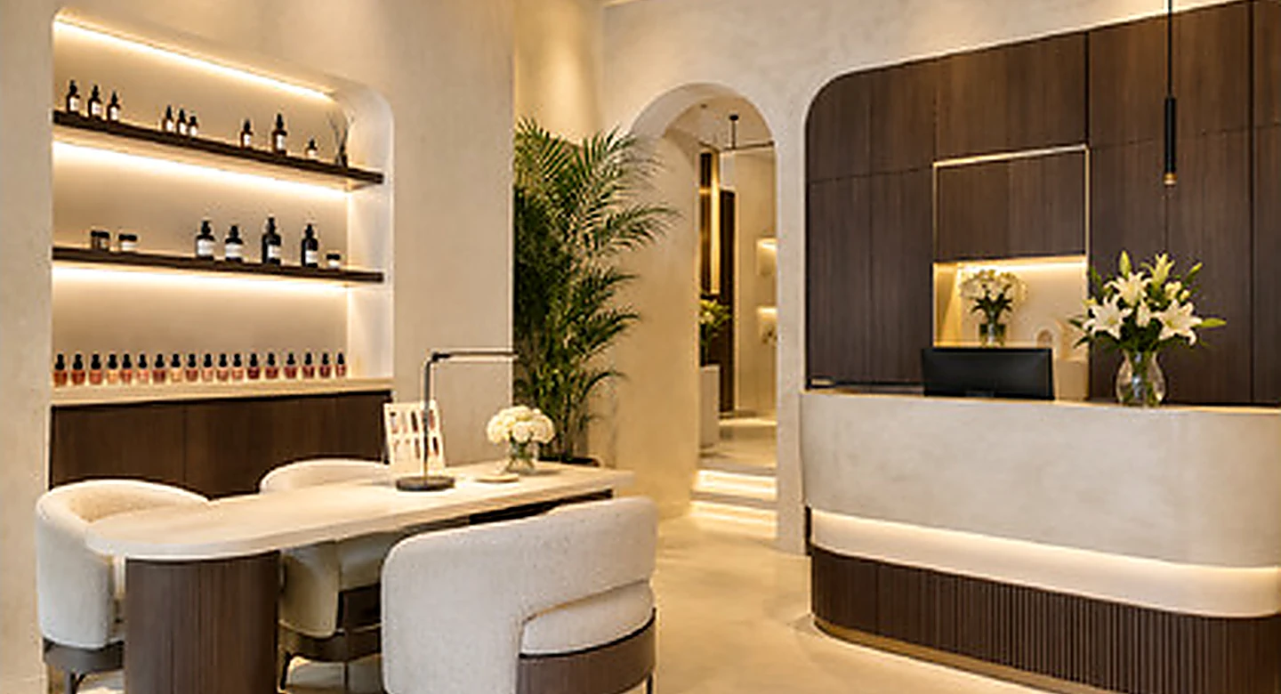Concept image of a cream and walnut salon interior — not a photograph of a branch