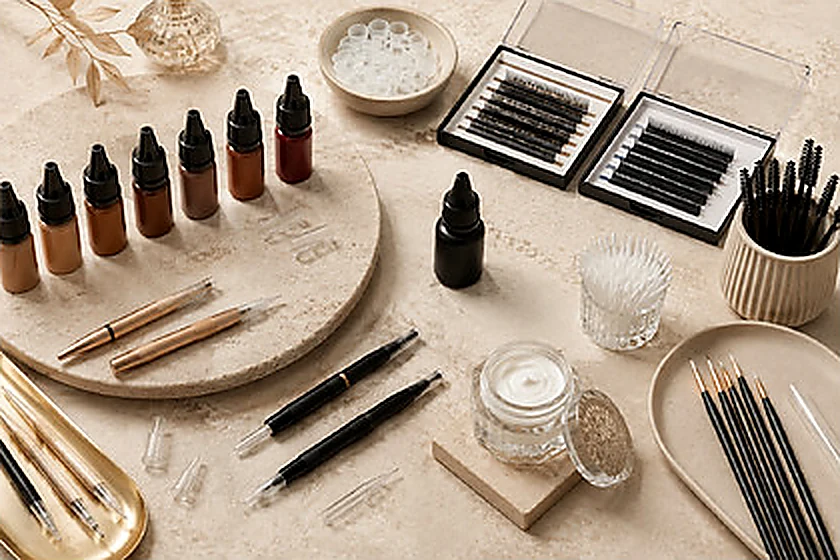 Brand image: pigments, lash trays and permanent makeup tools laid out on a stone surface