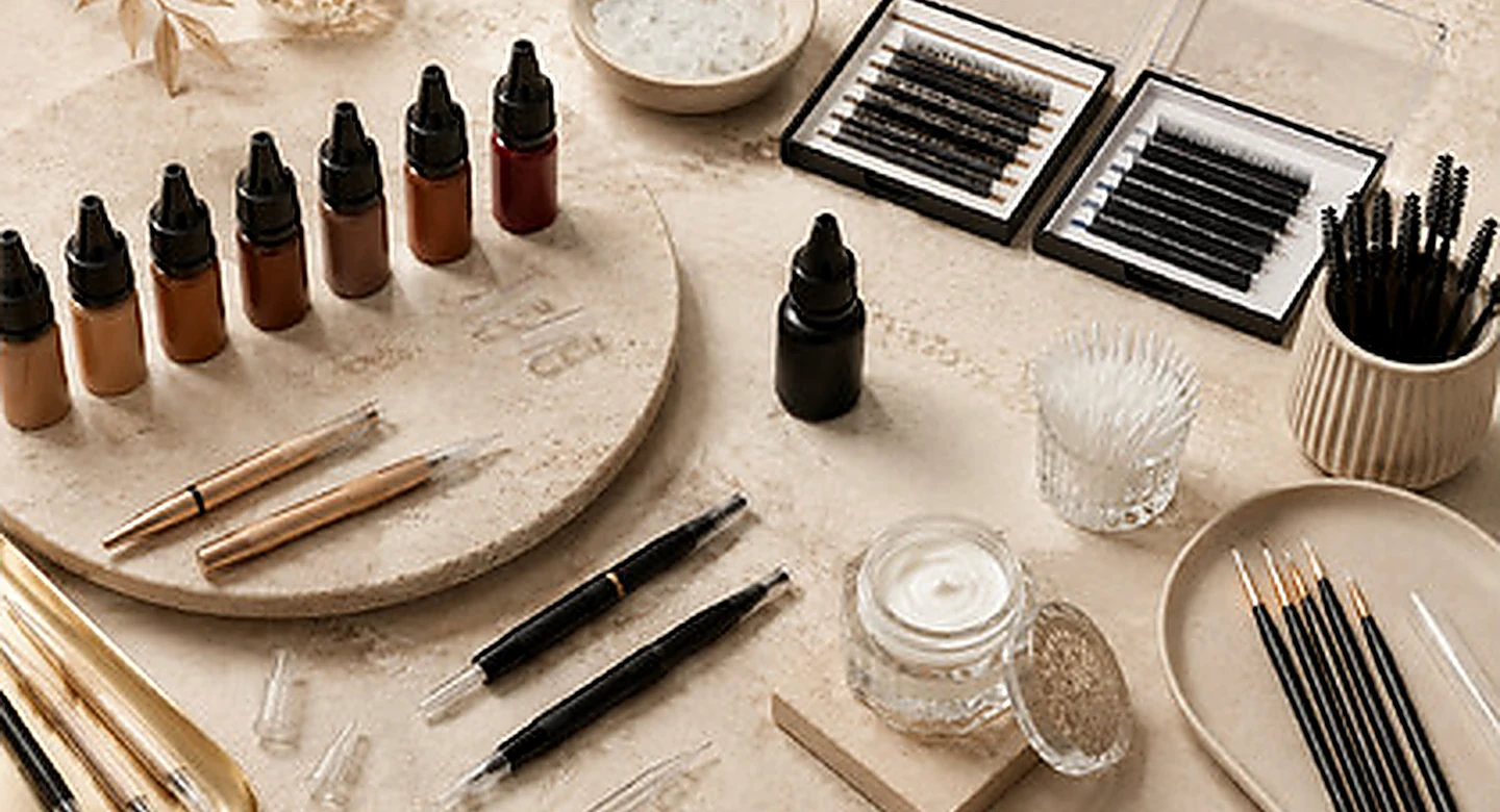 Brand image: pigments, lash trays and permanent makeup tools laid out on a stone surface