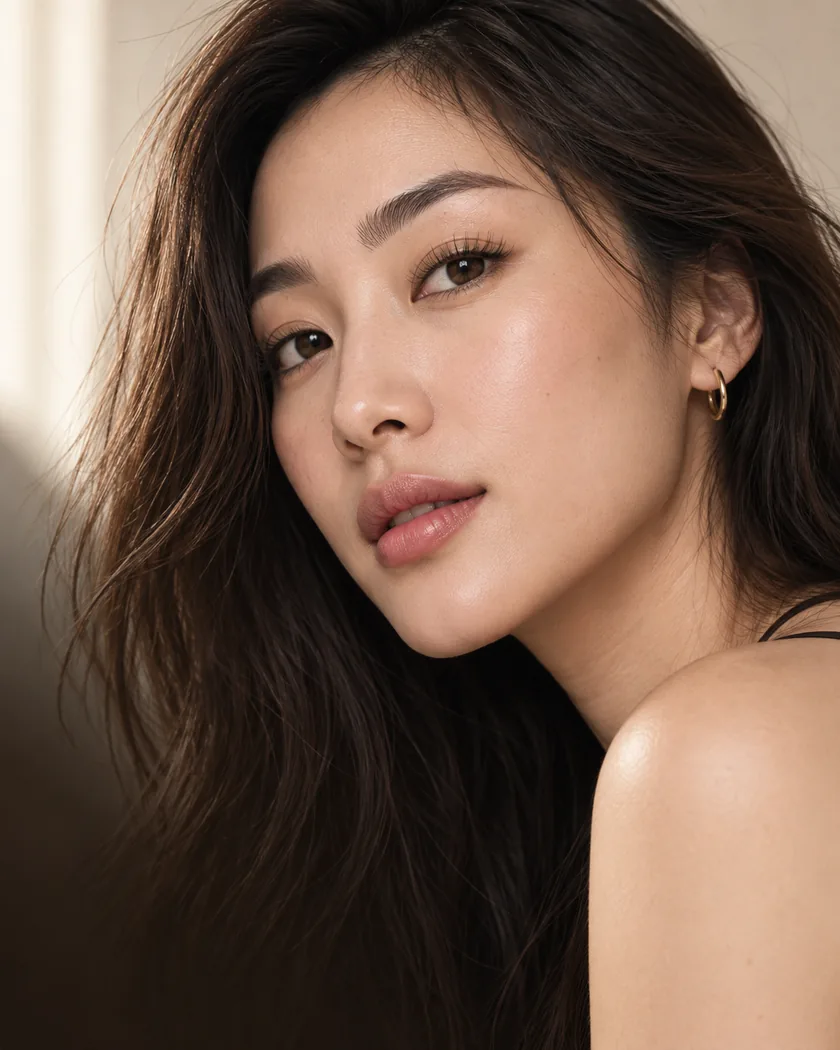 A close portrait showing permanent brows and lip colour