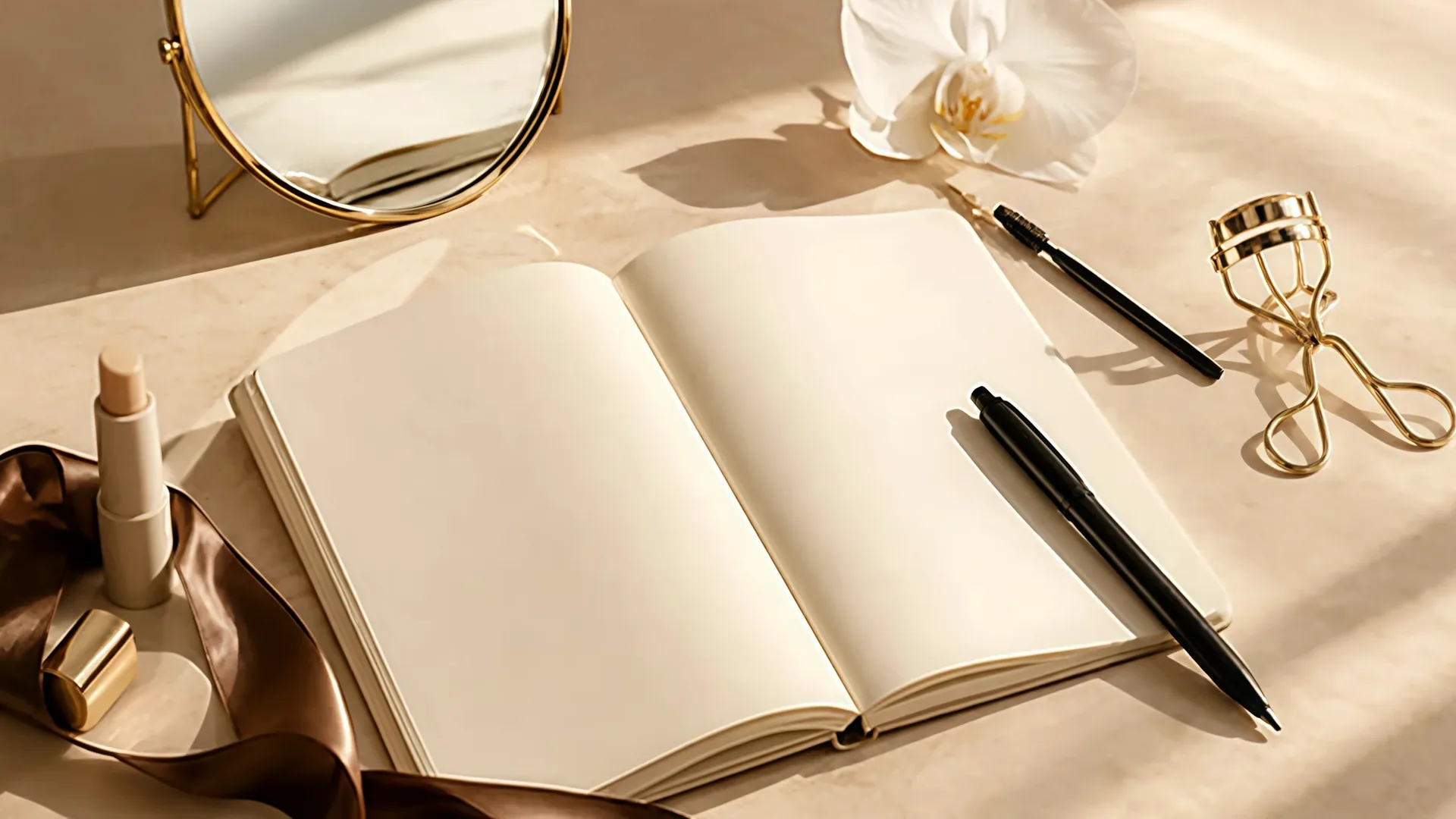 An open notebook, pens and a lash curler on cream linen