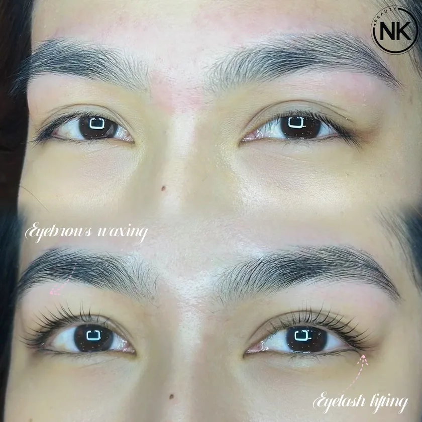 Before and after eyebrow waxing and eyelash lifting