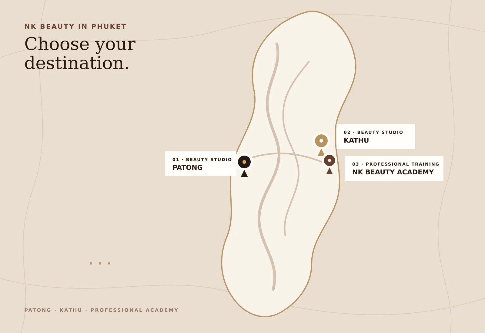 An illustrated map of Phuket marking the Patong and Kathu studios and the academy