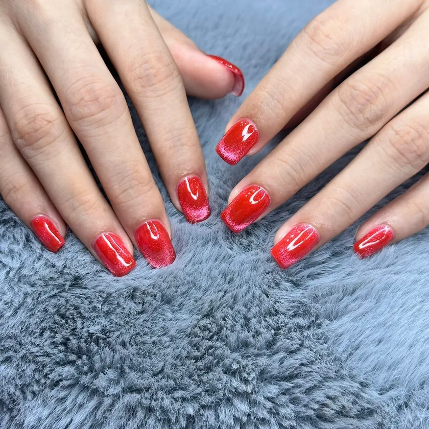 Nail work at NK Beauty: Red gel colour on almond nails