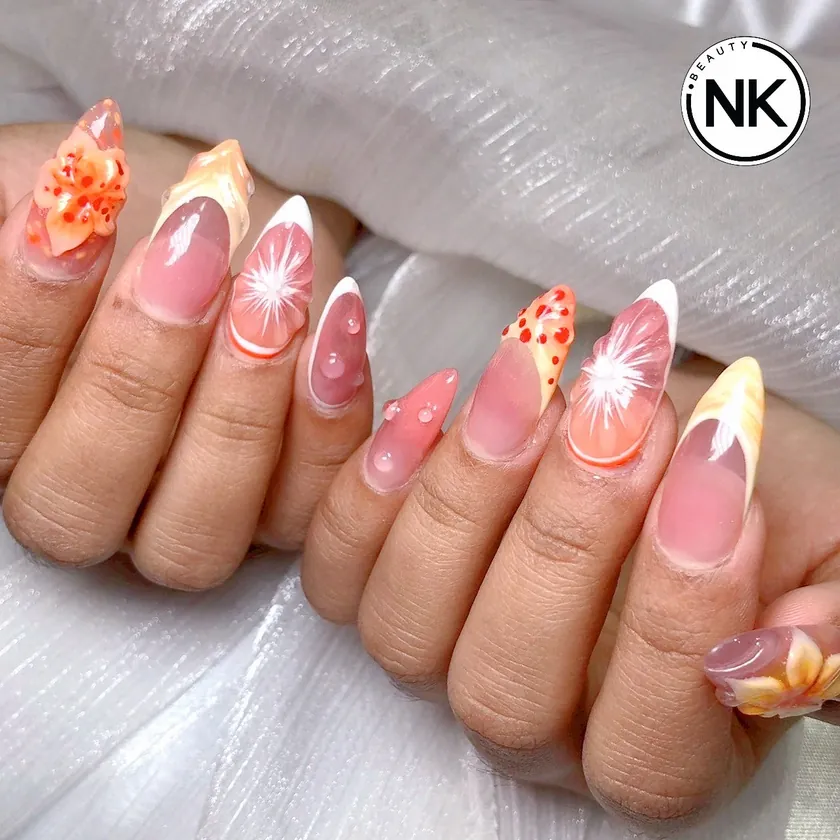 Nail work at NK Beauty: French tips with hand-painted fruit and flower art
