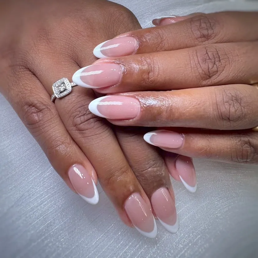 Nail work at NK Beauty: Pink-and-white French on almond nails