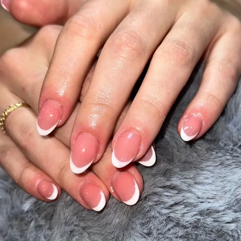 Nail work at NK Beauty: Square French in pink and white