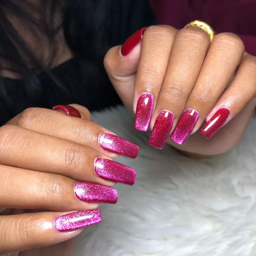 Nail work at NK Beauty: Hot pink glitter nails