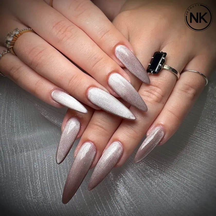 Nail work at NK Beauty: Brown chrome ombre stiletto nails