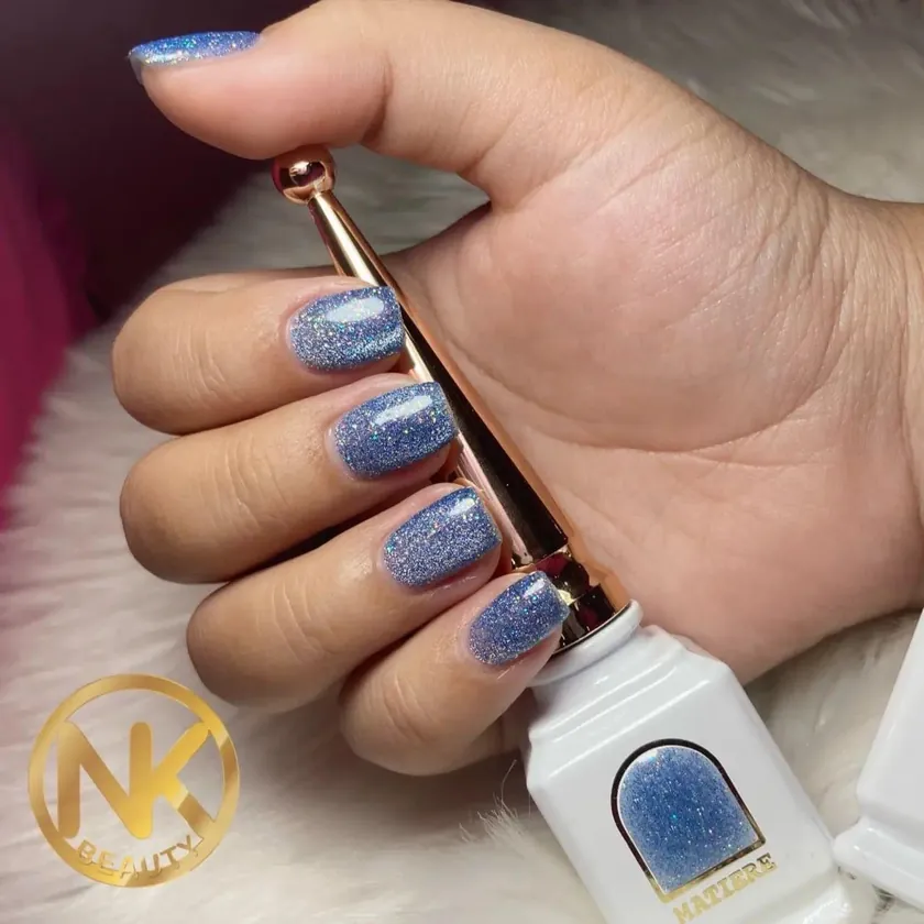 Nail work at NK Beauty: Blue-grey shimmer gel