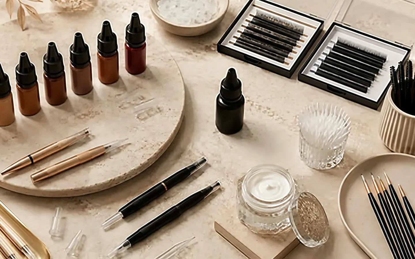Professional beauty supplies laid out on a stone surface