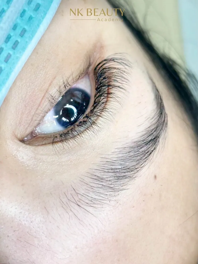 Student work: lash extensions fanned along the upper lash line